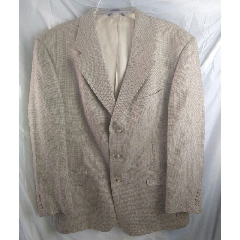 Hart Schaffner & Marx Blazer 42R Mens Tweed Houndstooth Plaid Wool Beige Coat